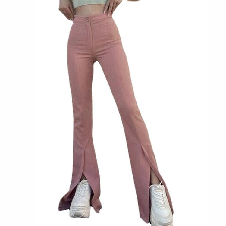 Women Solid Color Casual Flared Pants Slit High Waist Pants