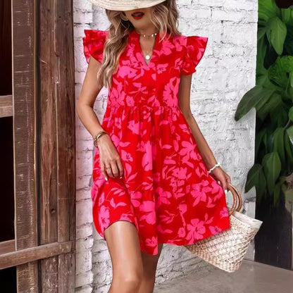 Summer Vacation Bohemian Style Women Casual Flower Motion Ruffle Dress
