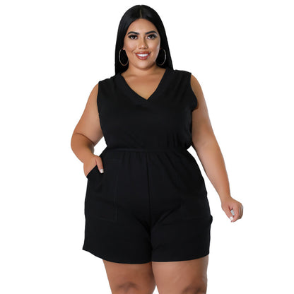 Plus Size Women V-Neck Solid Color Sleeveless Pockets Casual Waist Rompers