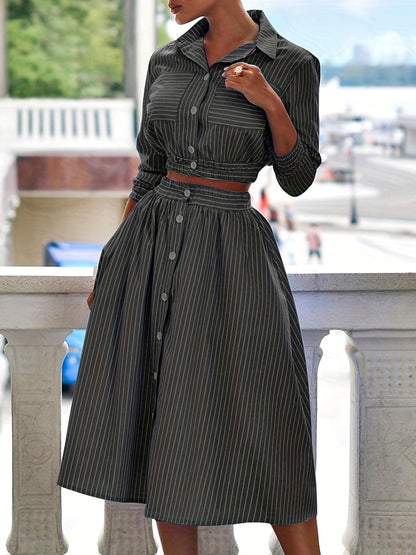 Conjunto de dos piezas formado por top y falda holgada, manga larga y rayas, informal, a la moda para mujer