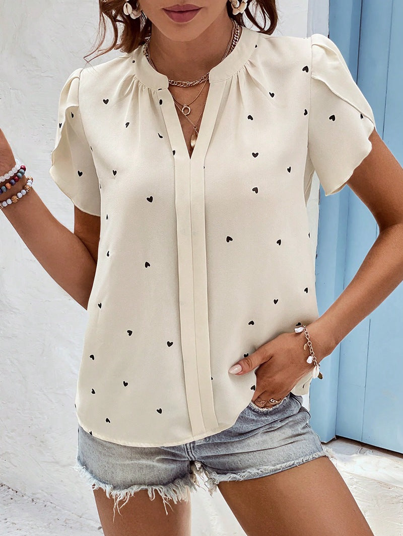 Blusas casuales de manga corta con cuello en V y estampado de corazones para mujer