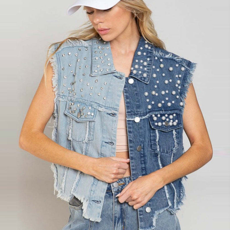 Chaleco vaquero con perlas y costuras informales a la moda para mujer Y2K
