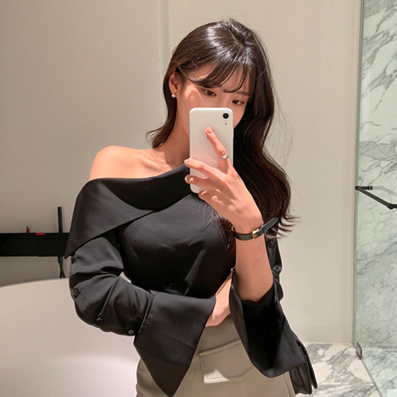 Spring And Summer Women Casual Oblique Shoulder Solid Color Long Sleeve Shirt