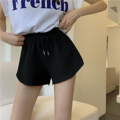 Women Fashion Casual Solid Color Waffle Drawstring High Waist Shorts