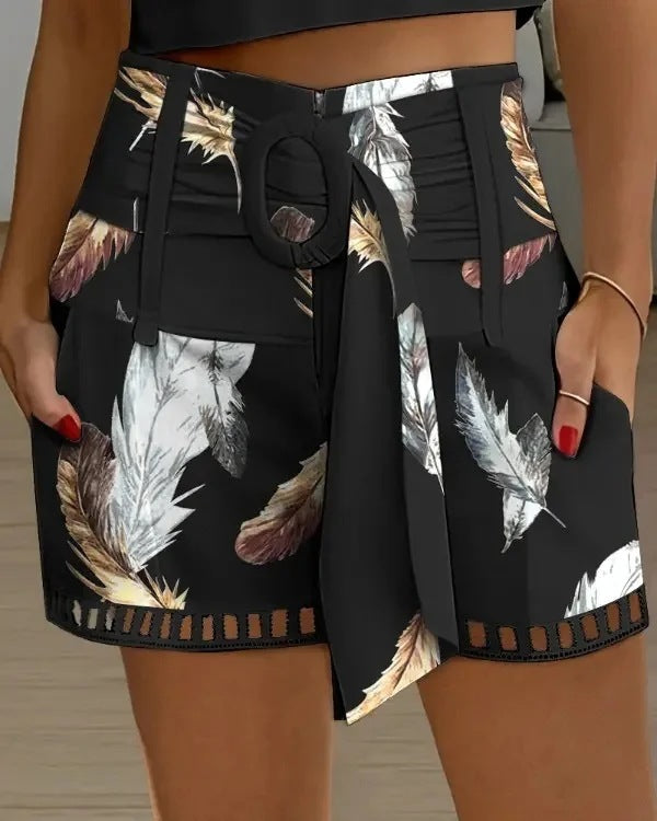 Women Summer Lace Patchwork Casual Cotton Linen Feather Floral Printed Shorts