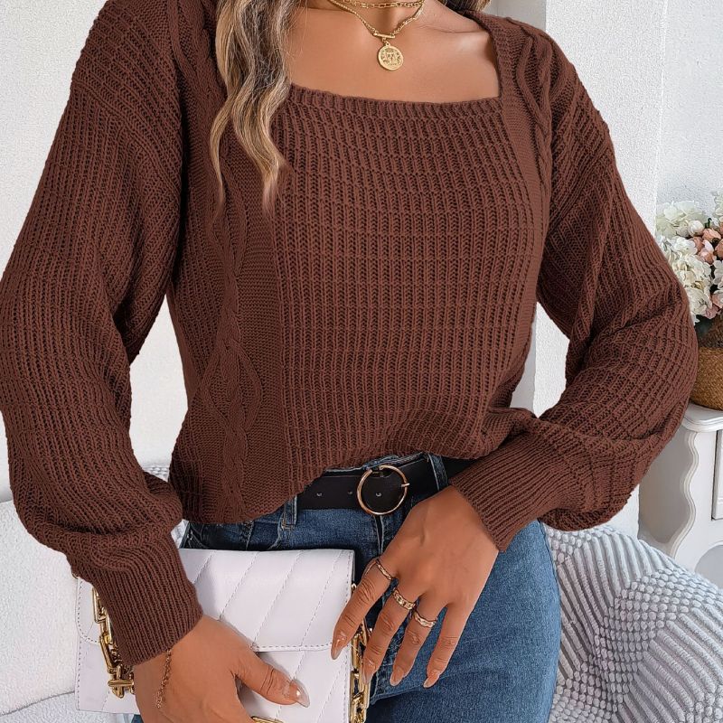 Autumn Winter Women Fashion Casual Solid Color Square Collar Twist Lantern Sleeve Knitted Sweater