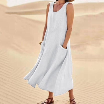 Summer Women Casual Solid Color Sleeveless Round Neck Pocket Cotton Linen Dress