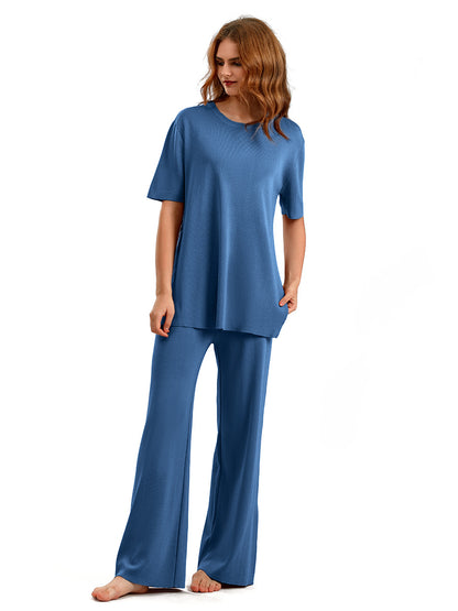 Conjunto de dos piezas de punto con top de manga corta y pernera ancha de color liso para mujer