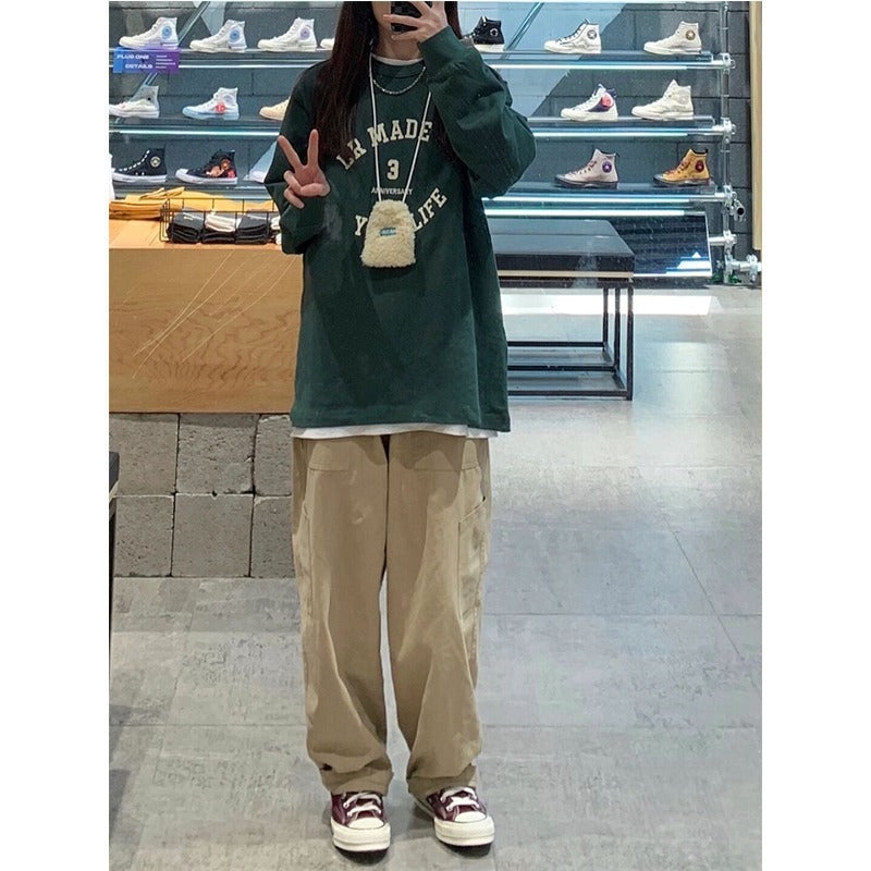 Women Casual Solid Color Loose Elastic High Waist Straight Leg Cargo Pants