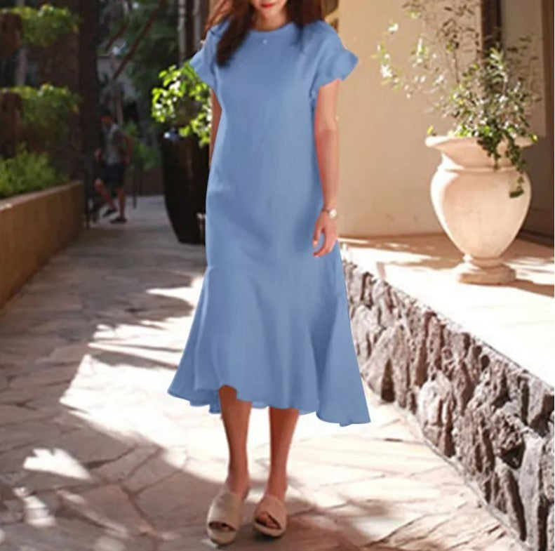 Vestido midi informal de verano para mujer, de manga corta, cuello redondo, color liso, con volantes y cola de pez