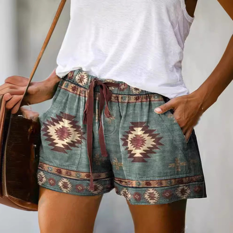 Pantalones cortos holgados con cordones y cintura alta con estampado digital informal a la moda para mujer