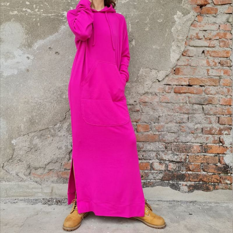 Sudadera holgada informal de punto de color liso con capucha y manga larga para mujer, vestido de talla grande