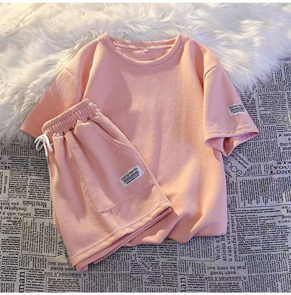 Women Fashion Casual Solid Color Round Neck Short Sleeve Top Shorts Sports Set