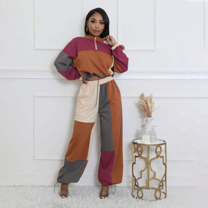 Conjunto deportivo informal de dos piezas para mujer, con cremallera y cordón ajustable, pantalones holgados