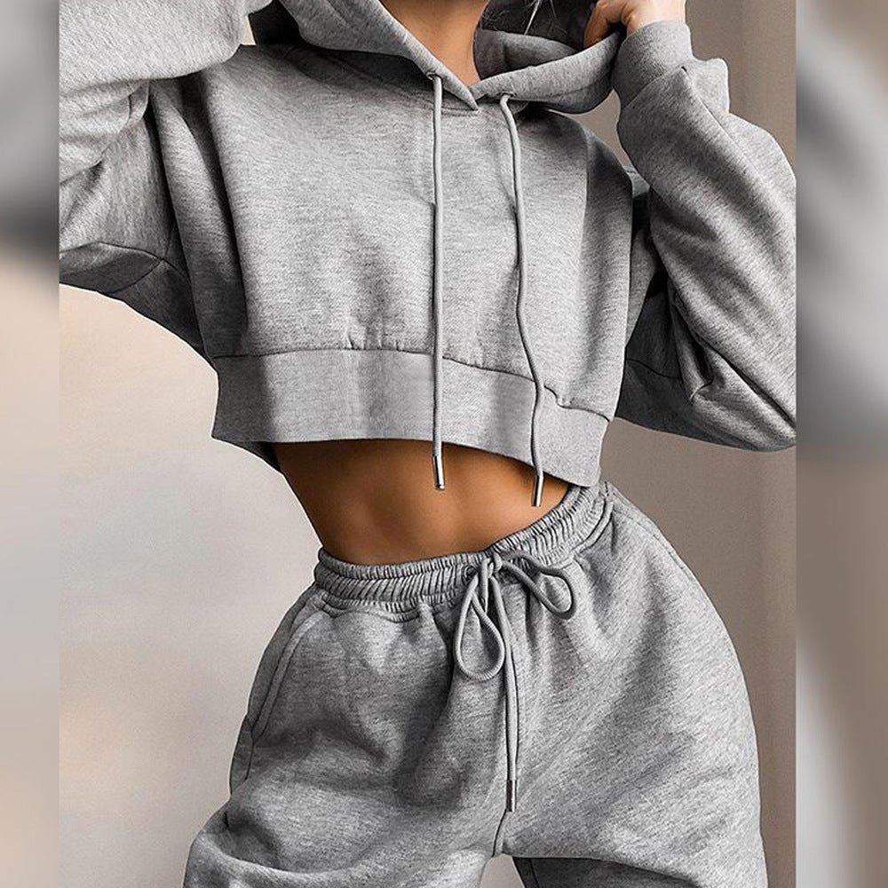 Women Casual Solid Color Fleece-Lined Hooded Loose Drawstring Pants Two-Piece Set