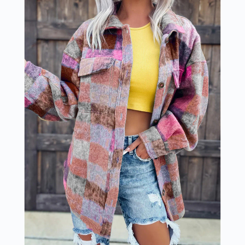 Autumn Winter Plaid Print Casual Fashion Lapel Long-Sleeved Coat Shacket