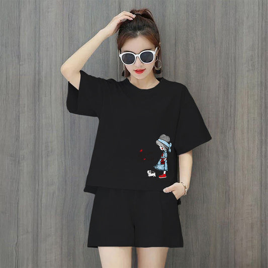 Conjunto de 2 piezas de camiseta de manga corta con cuello redondo, pantalones cortos y cintura definida, estampado de color liso y holgado para mujer