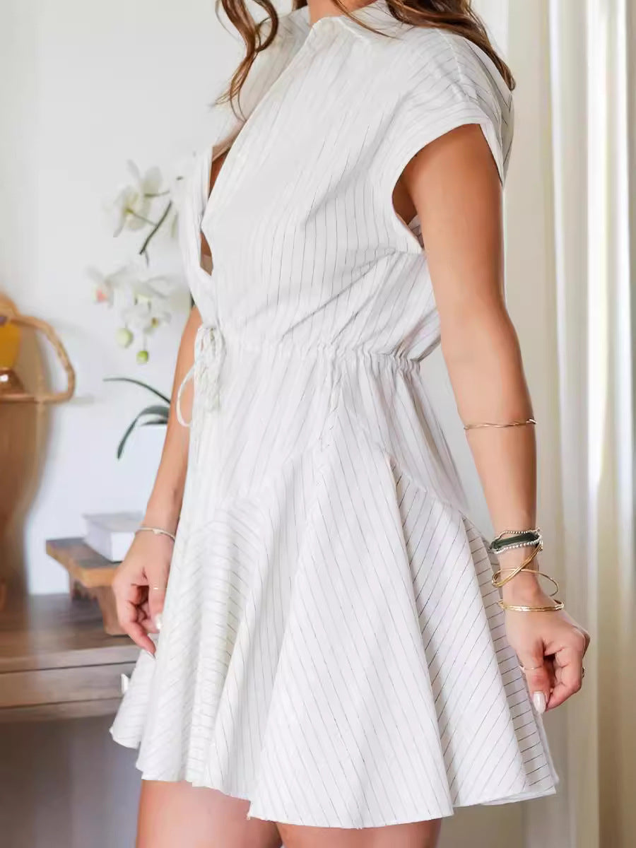 Women Fashion Casual Stripe Lapel Sleeveless Drawstring Dress