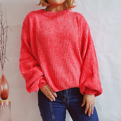 Autumn And Winter Solid Color Casual Round Neck Lantern Sleeve Short Knitted Pullover Sweater Women