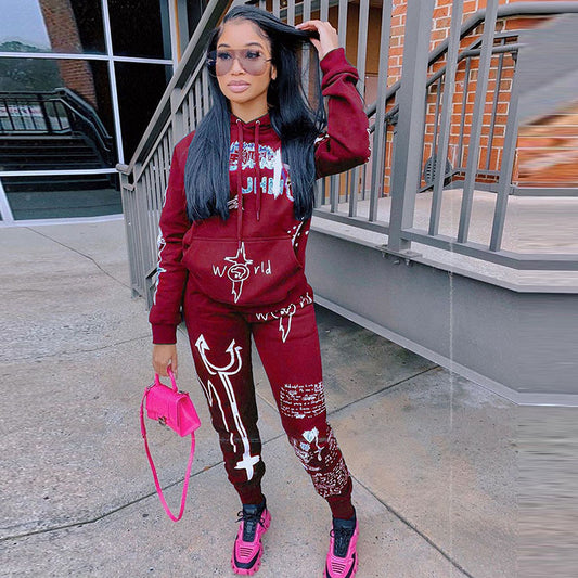 Conjunto de dos piezas de suéter y pantalones con capucha y estampado informal para mujer, moda Otoño Invierno