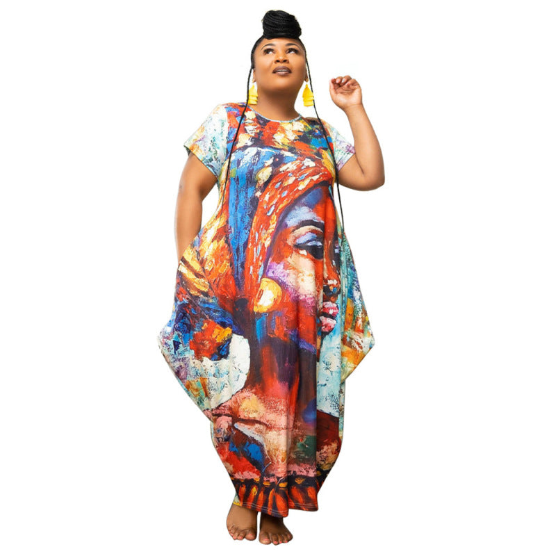 Plus Size Women Casual Boho Graphic Print Short Sleeve Loose Maxi Dress