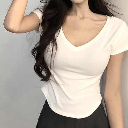 Camiseta informal de manga corta con cuello en V y color liso para mujer