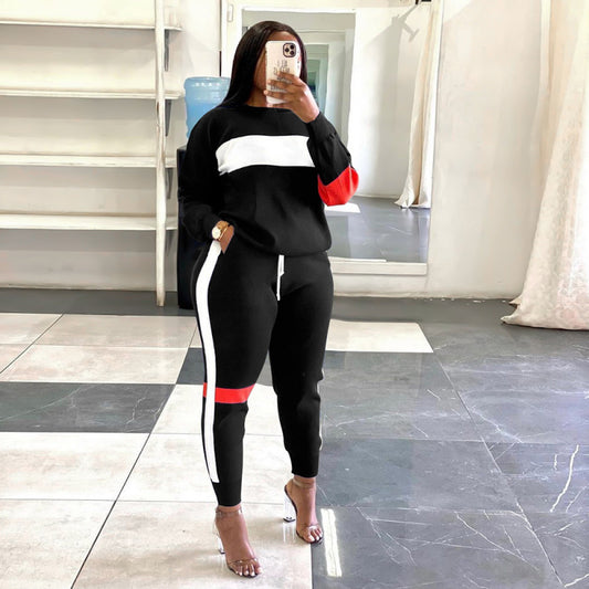 Women Fashion Casual Color Blocking Round Neck Long Sleeve Sweatshirts Defined Waist Drawstring 2pcs Set