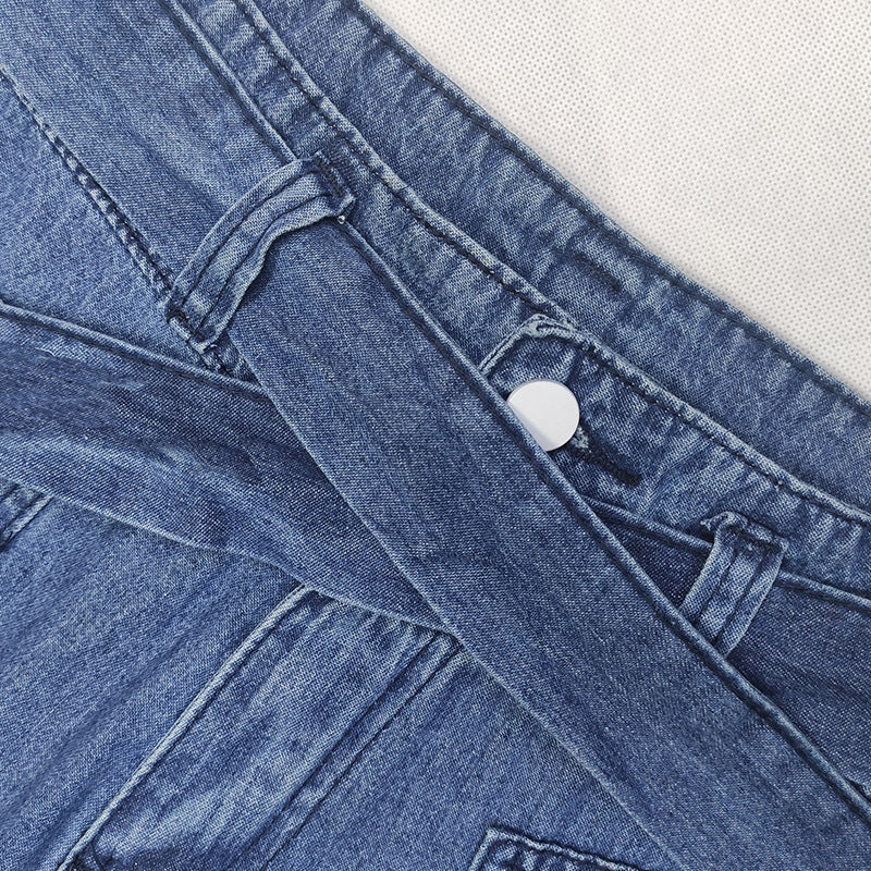 Pantalones vaqueros anchos de mezclilla lavada con cordones informales para mujer de talla grande