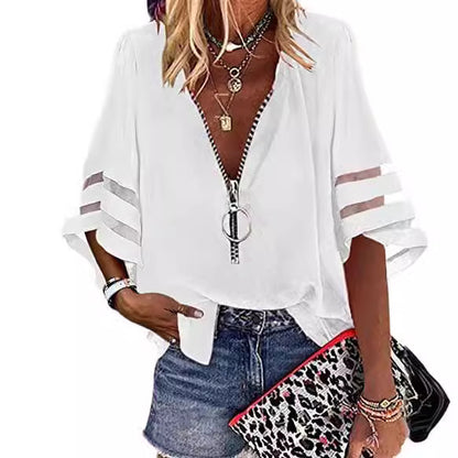 Blusa informal de mujer con cuello en V, media cremallera y mangas acampanadas