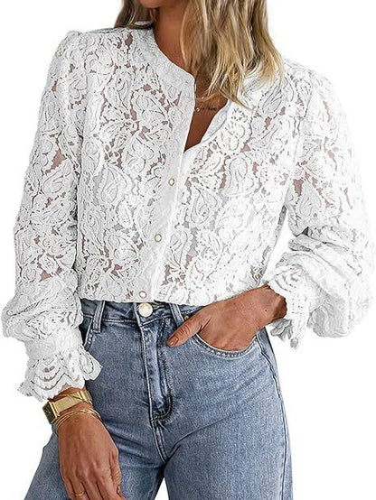 Women Fashion Casual Lace Shirt Long Sleeve Button Solid Color Blouse