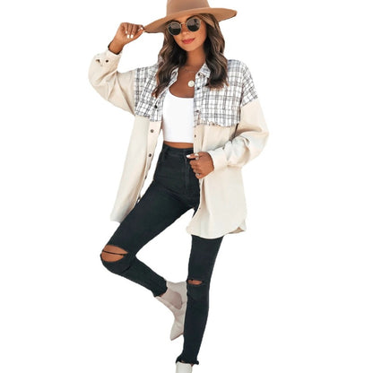 Women Casual Lapel Long Sleeve Pocket Plaid Patchwork Single-breasted Corduroy Shacket
