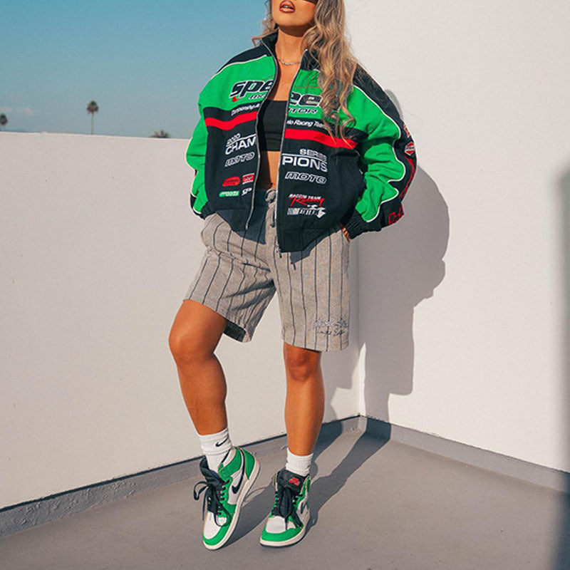 Chaqueta de béisbol holgada informal con estampado de letras punk y manga larga con cremallera para mujer