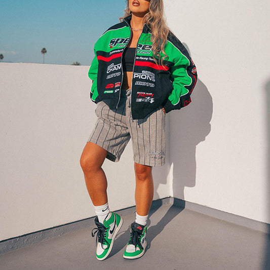 Chaqueta de béisbol holgada informal con estampado de letras punk y manga larga con cremallera para mujer