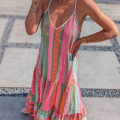 Vestido largo informal con cuello en V y estampado geométrico para mujer