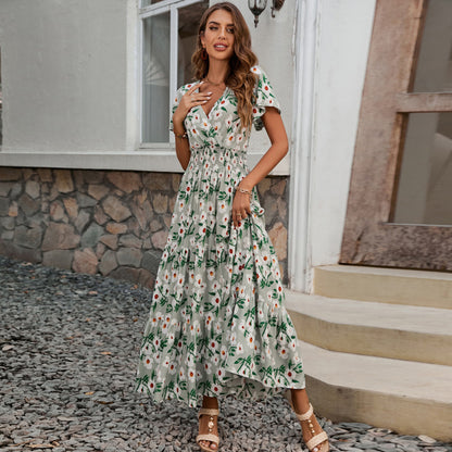 Bohemian Style Vacation Women Casual V-Neck Short Sleeve Maxi Dress