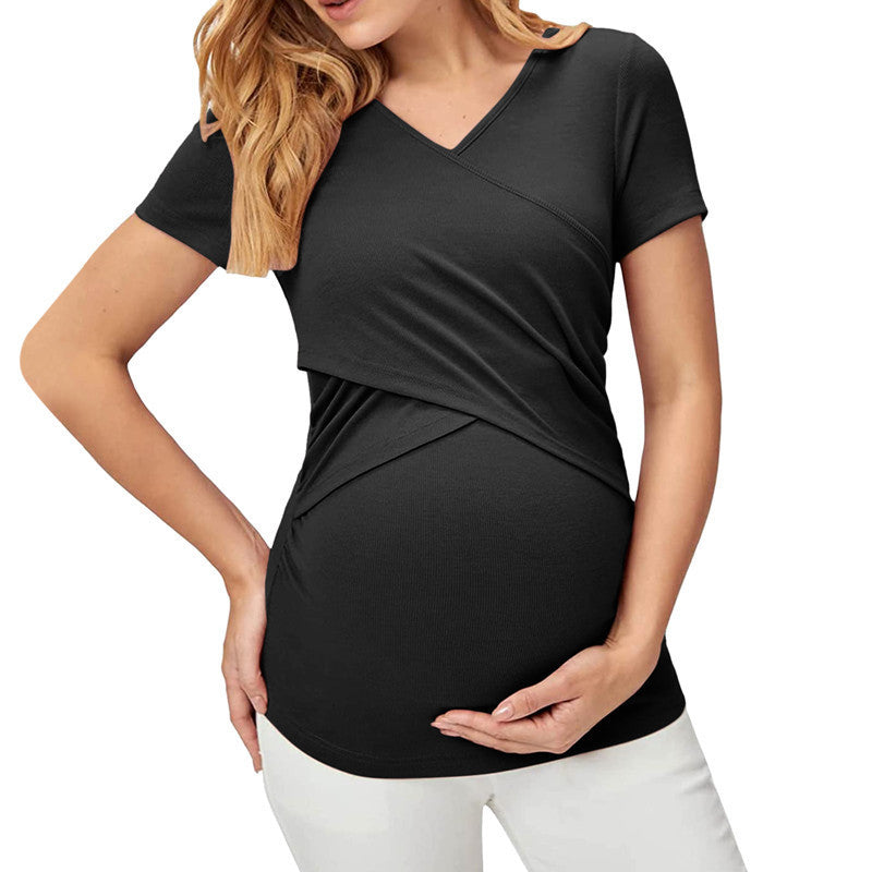 Summer Women Casual Solid Color V-Neck Cross Short Sleeve Top