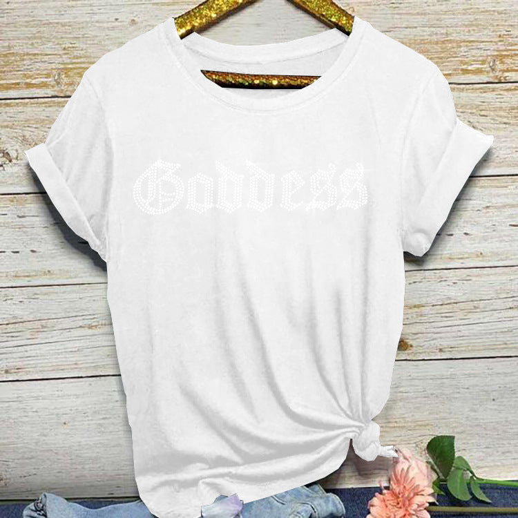 Camiseta básica informal de manga corta con cuello redondo y diamantes de imitación para mujer