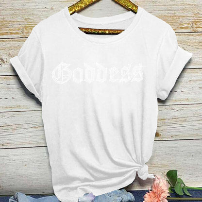 Camiseta básica informal de manga corta con cuello redondo y diamantes de imitación para mujer