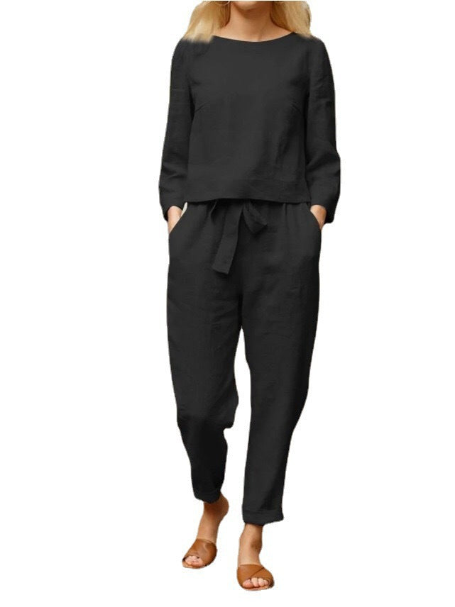 Conjunto de top y pantalón informal de color liso para mujer, otoño