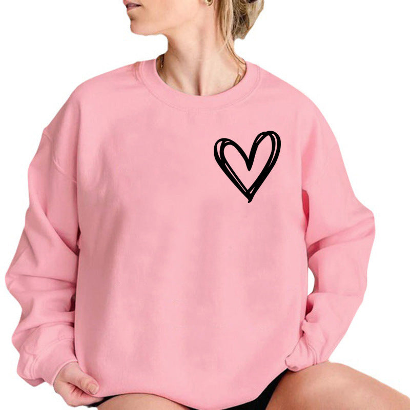 Sudadera informal de otoño e invierno para mujer con forro polar y cuello redondo con estampado de corazón