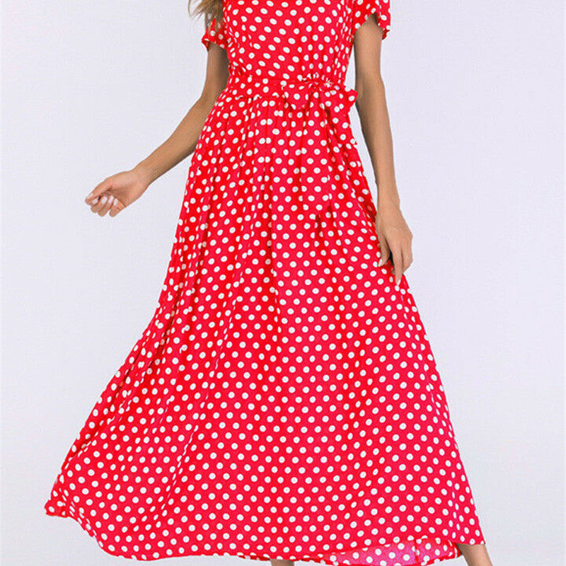 Women Casual Elegant Round Neck Short-Sleeved Polka Dot Print Midi Dress
