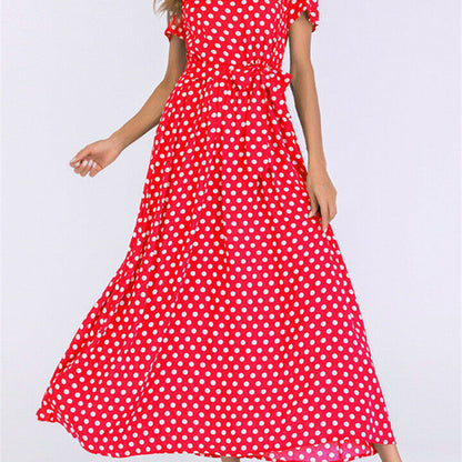 Women Casual Elegant Round Neck Short-Sleeved Polka Dot Print Midi Dress