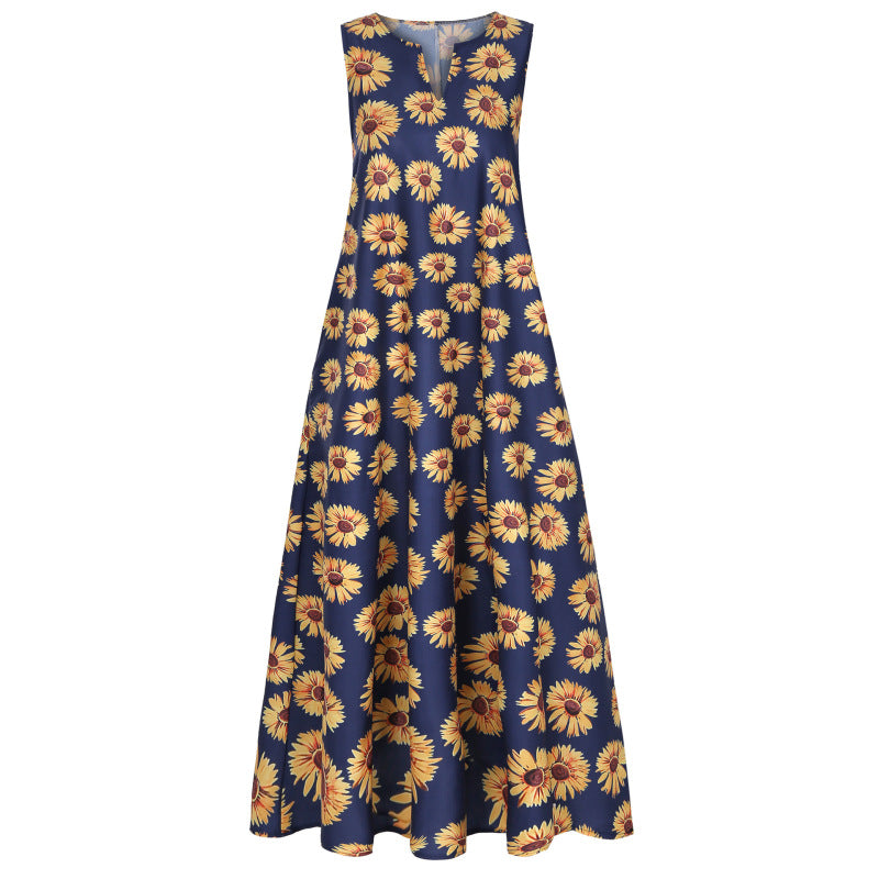 Women Boho Sunflower Printed Sleeveless Casual V-Neck Loose Vacation Maxi Dress