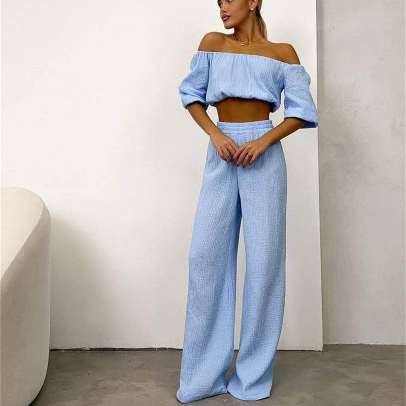 Women Solid Color Wrinkle Off-The-Shoulder Croptop And High Waist Wide-Leg Pants Casual Suit