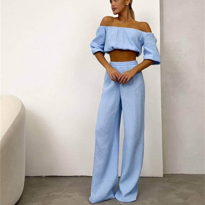 Women Solid Color Wrinkle Off-The-Shoulder Croptop And High Waist Wide-Leg Pants Casual Suit