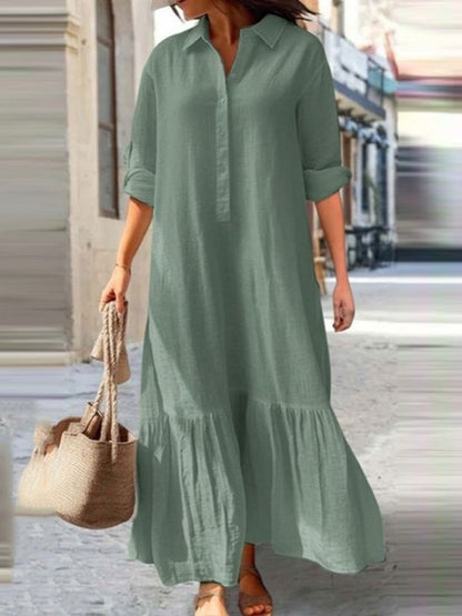 Vestido largo informal de algodón y lino con solapa para mujer, talla grande