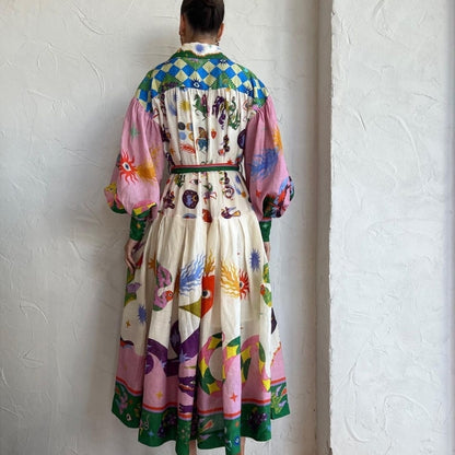 Vestido informal con estampado floral para mujer, manga larga tipo farol, botonadura sencilla, cintura definida, con cordones