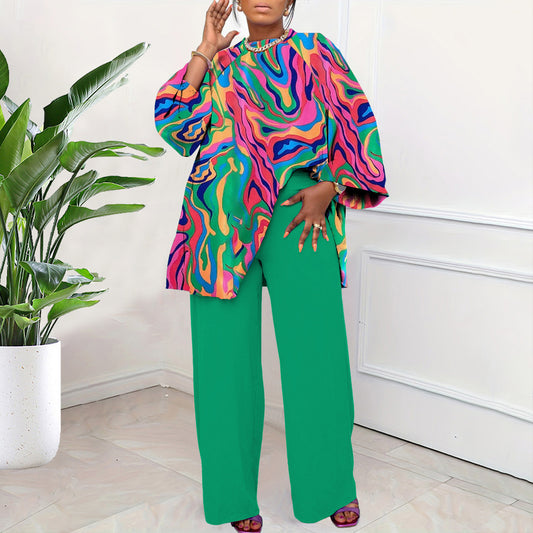 Women Spring Autumn Fashion Loose Casual Plus Size Print Blouse Pants Set