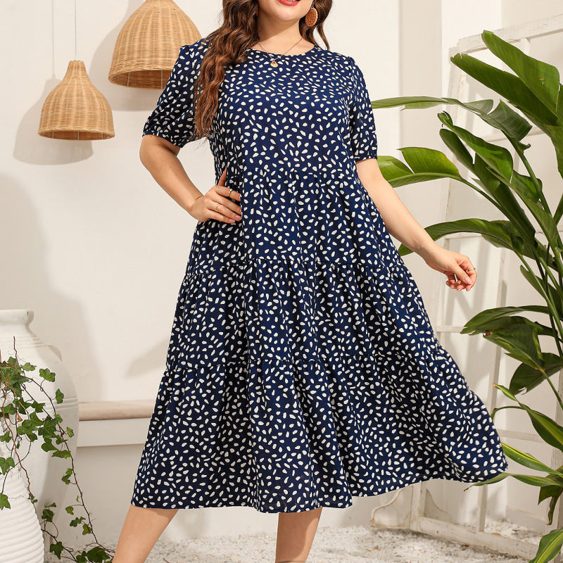 Women Fashion Casual Dot Print Round Neck Loose Plus Size Dress