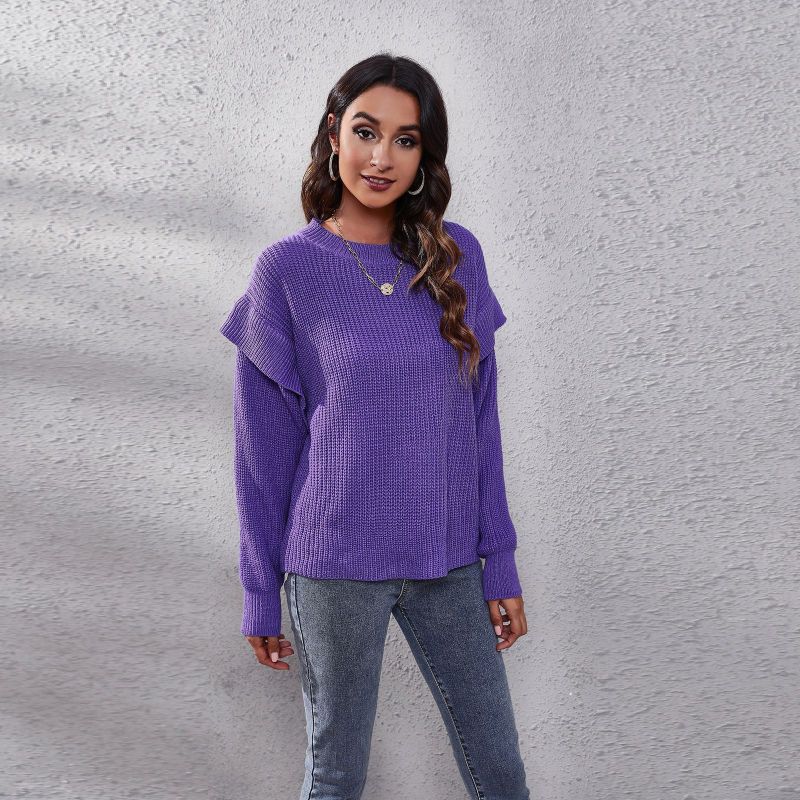 Women Casual Solid Color Round Neck Long-sleeved Loose Knitted Sweater